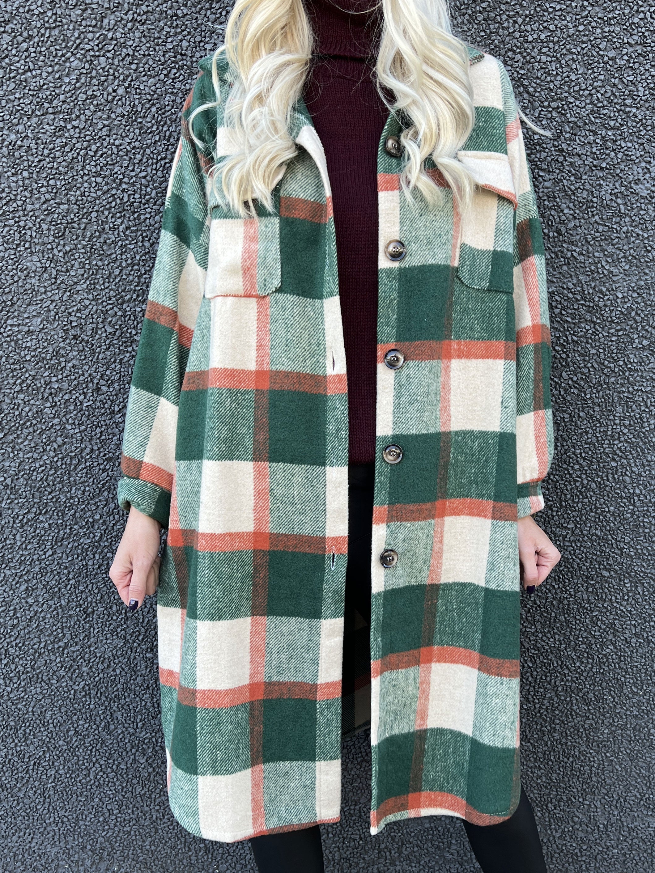 Natalia - Lång rutig jacka med knappar